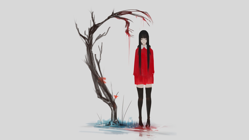 动漫-动漫女孩-灰色-简单背景-红色-树木-令人沮丧的高清壁纸