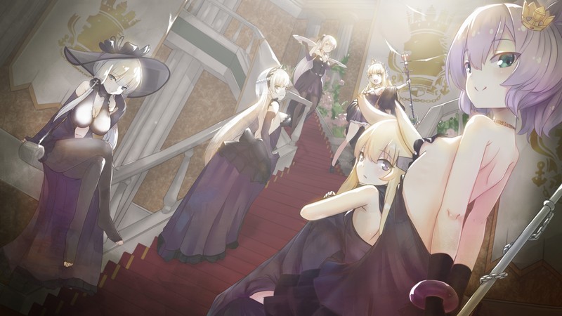 动漫-动漫女孩-数字艺术-艺术品-肖像-短发-长发-皇冠-蓝色头发-连衣裙-黑色连衣裙-金发-白发-帽子-裙子-微笑-眼镜-黑色裙子高清壁纸