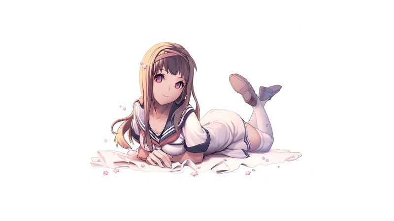 动漫-制服-大腿高-简单-长发-艺术-长-校服-1080P-hd-头发-黑发-背景-人物-学校-高-大腿-白色高清壁纸