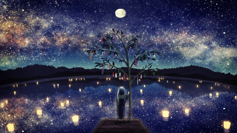 动漫-初音三木-夜空-树木-水-动漫女孩-夜高清壁纸