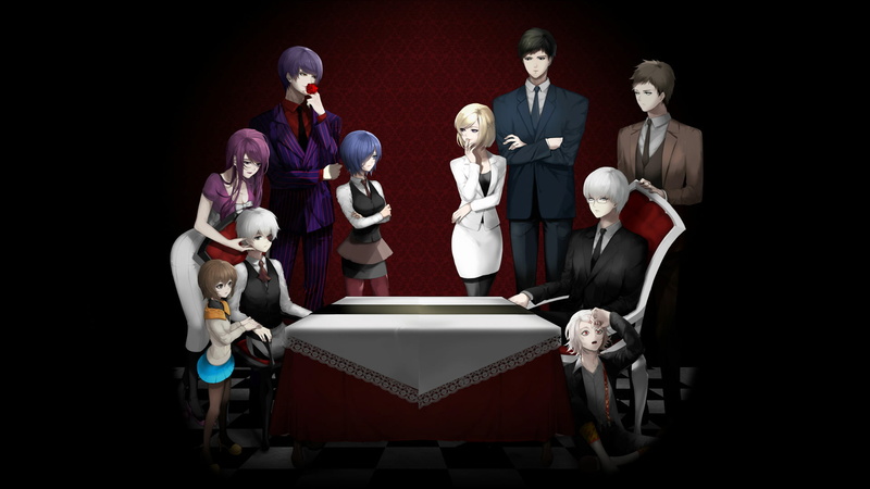 男孩-裙子-Hinami Fueguchi-前视图-眼罩-Juuzou Suzuya-坐着-一群人-动漫-扶手椅-站着-年轻人-成熟成年人-全长高清壁纸