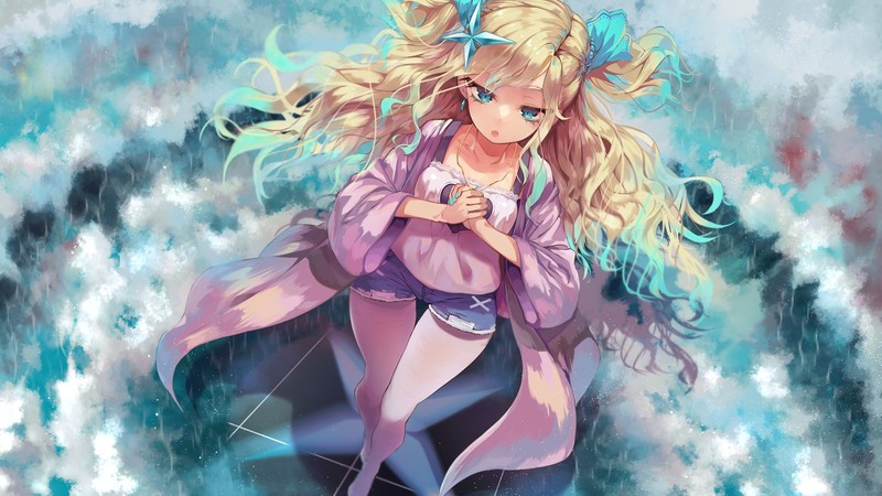 长发-水绿色眼睛-金发-项链-短裤-动漫高清壁纸