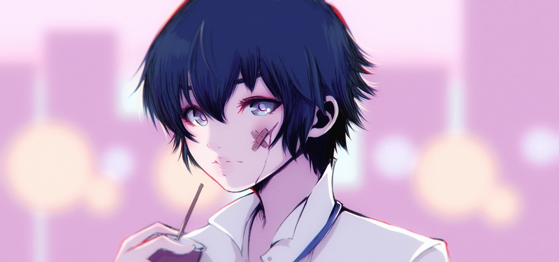 衬衫-短发-女神异闻录系列-4K-动漫女孩-饮料-动漫-Shin Megami Tensei系列-蓝眼睛-蓝头发-看着观众-血液高清壁纸