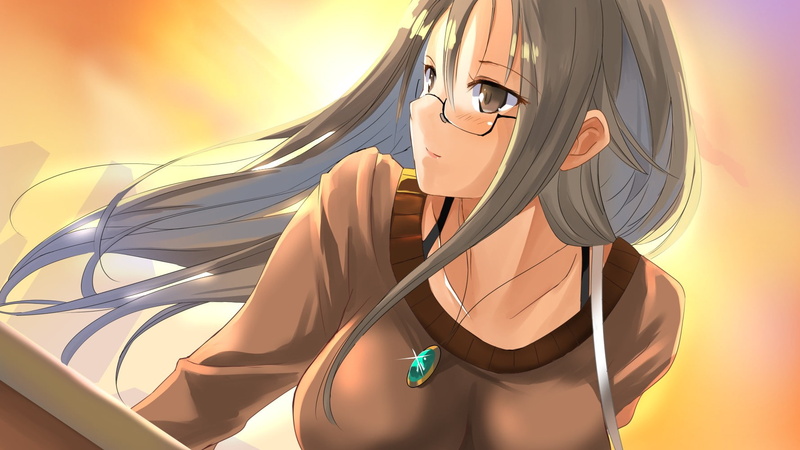 毛衣-动漫女孩-白发-720P-日落-动漫-长发-棕色眼睛-眼镜高清壁纸