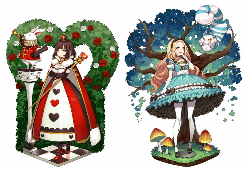 动漫-数字艺术-爱丽丝-肖像-动漫女孩-猫-蓝色连衣裙-红皇后-皇冠-张开嘴-金发-连衣裙-黑发-树木-玫瑰-兔子-1080P高清壁纸