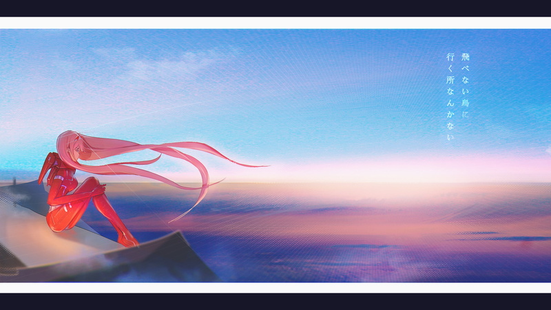 场景-自然-Zero Two（Darling in the FranXX）-户外-无人-橙色-自动后期制作滤镜-飞行-水面地平线-动漫-数字复合高清壁纸