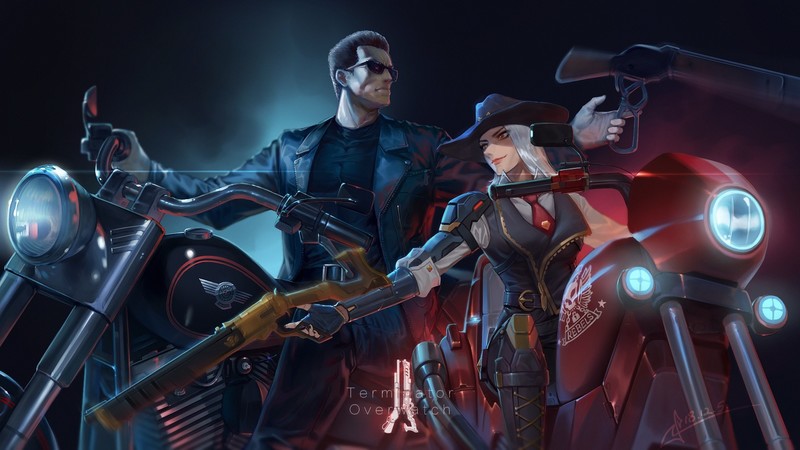 动漫-动漫女孩-终结者-车辆-守望先锋-PC游戏-机器人-跨界-阿什（守望先锋）-摩托车高清壁纸