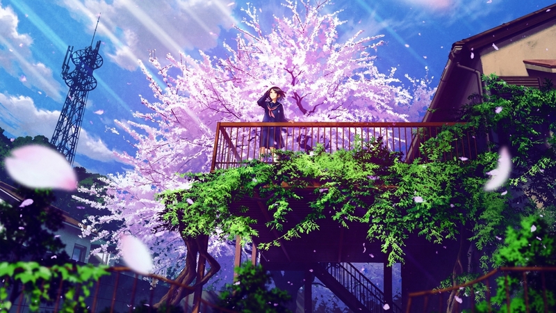 technoheart-漫画-春天-树-花-女孩-绿色-紫色-动漫-花瓣-粉色-蓝色高清壁纸