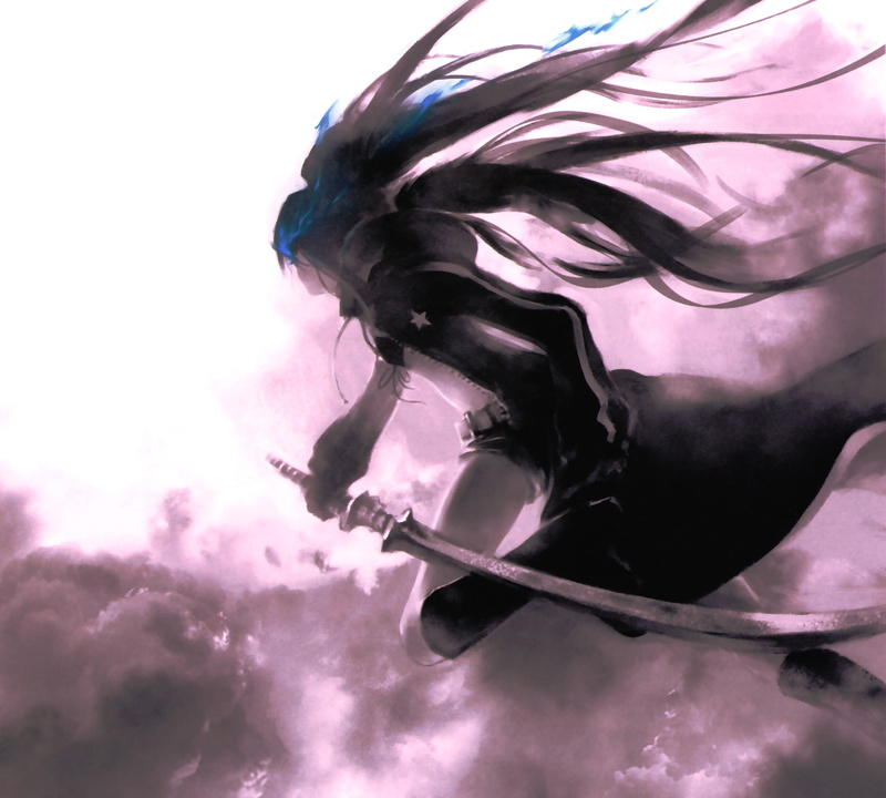 剑-黑色-艺术-摇滚-黑发-长-动漫-2K-黑岩射手-跑步-高清-头发-女孩-武器-长发射手-双尾-斗篷-人物高清壁纸