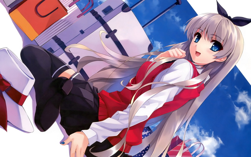 旗帜-阳光-户外-红色-天空-幸福-女孩-低角度视角-年轻人-看着相机-角色-表现-生活方式-动漫高清壁纸