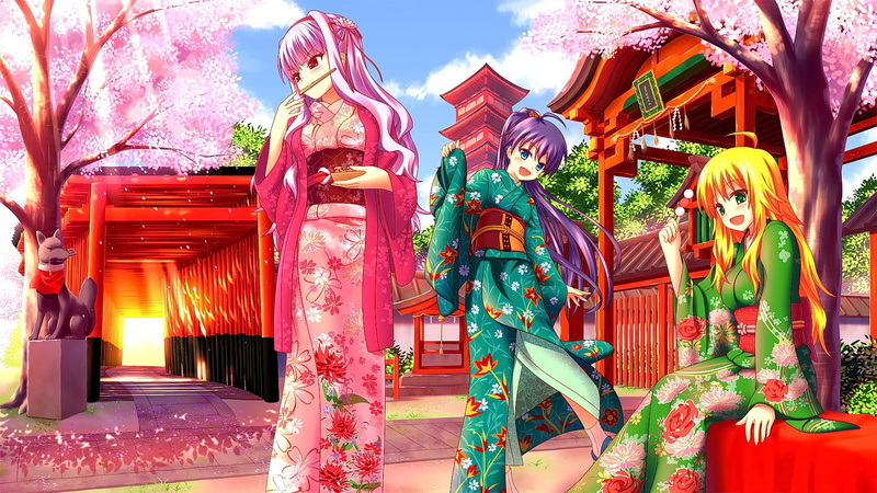 华丽-信仰-户外-建筑-节日-和服-雕塑-雕像-动漫-人物形象-宗教-神社-日-装饰-动漫女孩-微笑高清壁纸