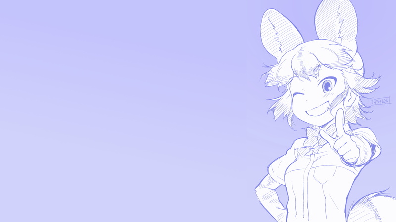 动漫-4K-非洲野狗（Kemono Friends）-渐变-微笑-动漫女孩-蓝色背景-动物耳朵-Keono Friends高清壁纸