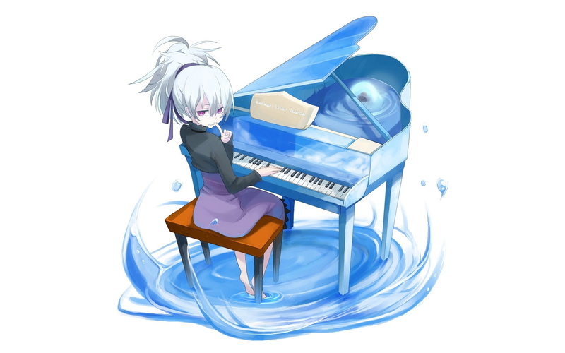 动漫-女性-蓝色-艺术文化娱乐-乐器-全长-钢琴-音乐-白色背景-1080P-剪切-侧视-室内高清壁纸