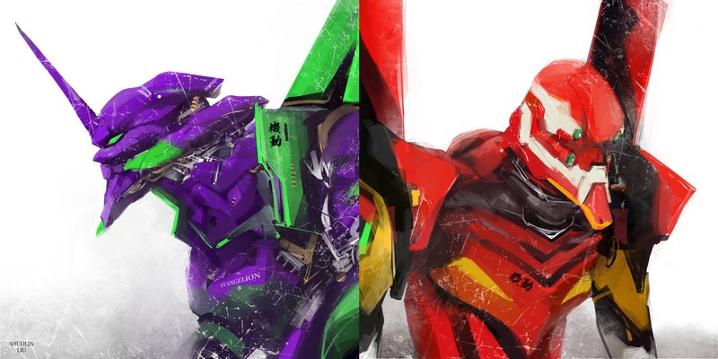 Neon Genesis Evangelion-EVA单元01-EVA单元02-艺术品-数字艺术-绘画-动漫-粉丝艺术-2D-刘淑琳-插图-简单背景-白色背景-红色-绿色-紫色-机械绘画高清壁纸