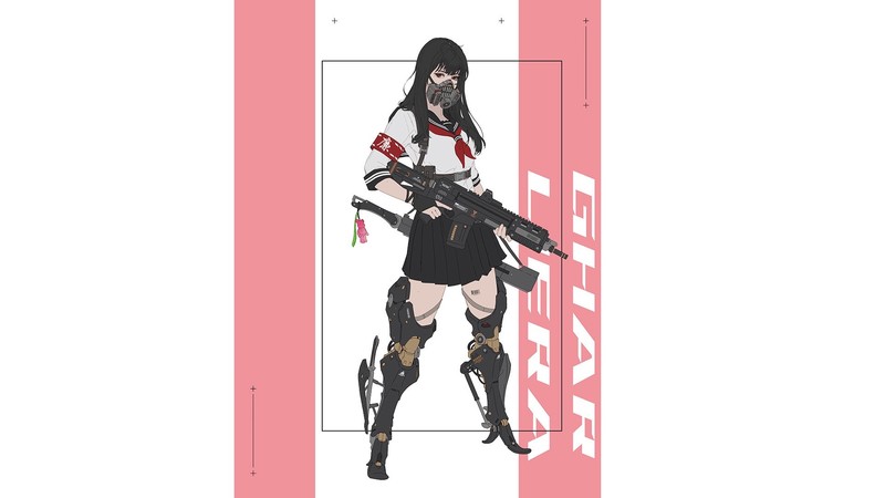 简单的背景-武器-面具-赛博朋克-动漫-动漫女孩-机关枪-黑发高清壁纸