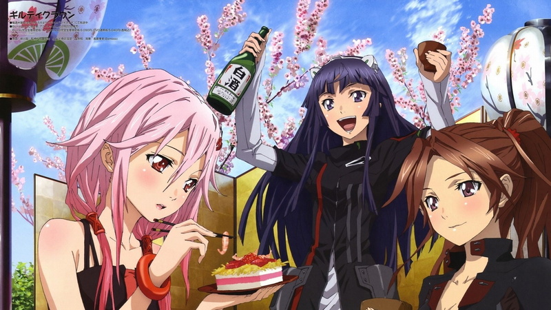 粉色头发-棕色眼睛-红色眼睛-棕色头发-长发-动漫-Tsugumi（有罪的皇冠）-Inori Yuzuriha-腮红-马尾辫-紫色头发-有罪的皇冠-蛋糕高清壁纸