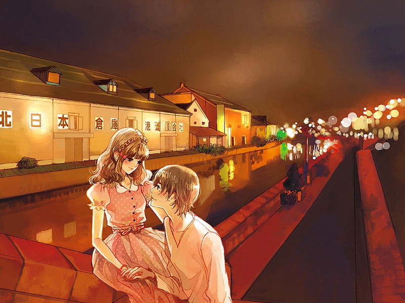 漂亮-头发-长裙-漂亮-男孩-城市-水-动漫-情侣-散景-女孩-720P-光-爱高清壁纸