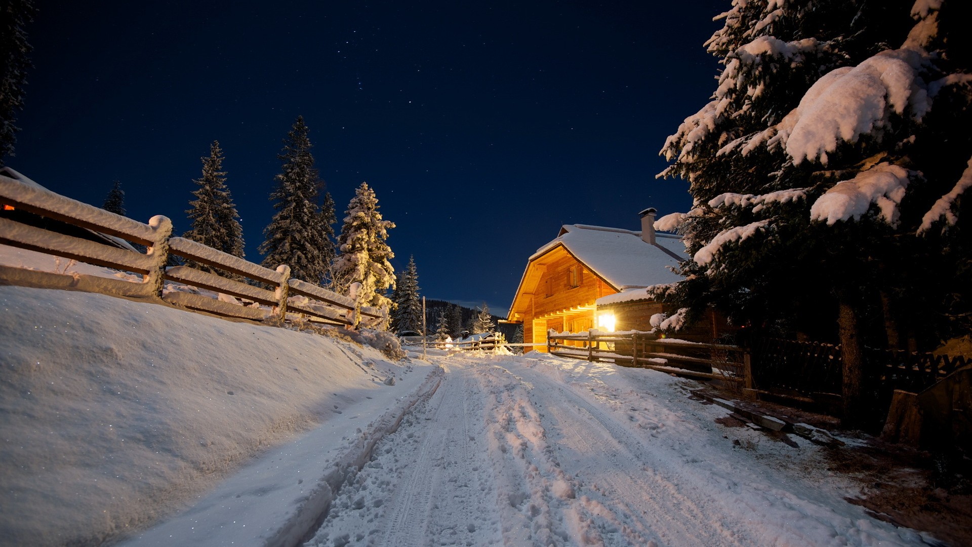 冬日夜晚路景灯火星空电脑壁纸