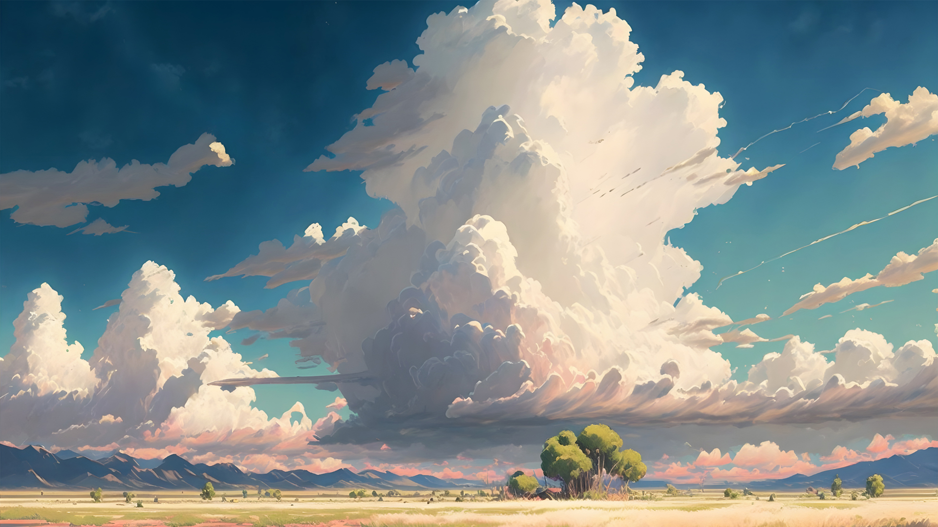 手绘风景电脑壁纸 带天空云朵草地树木的高清款