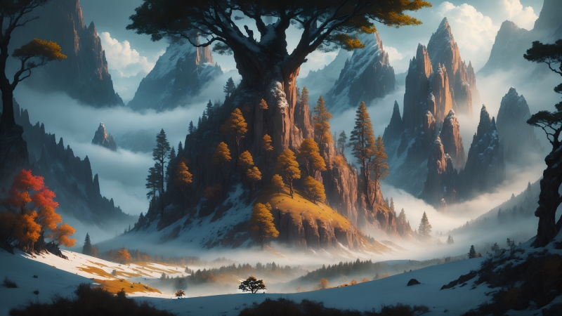 秋天的山巅云雾缭绕！这款动漫风秋日仙境壁纸太适合当电脑桌面了