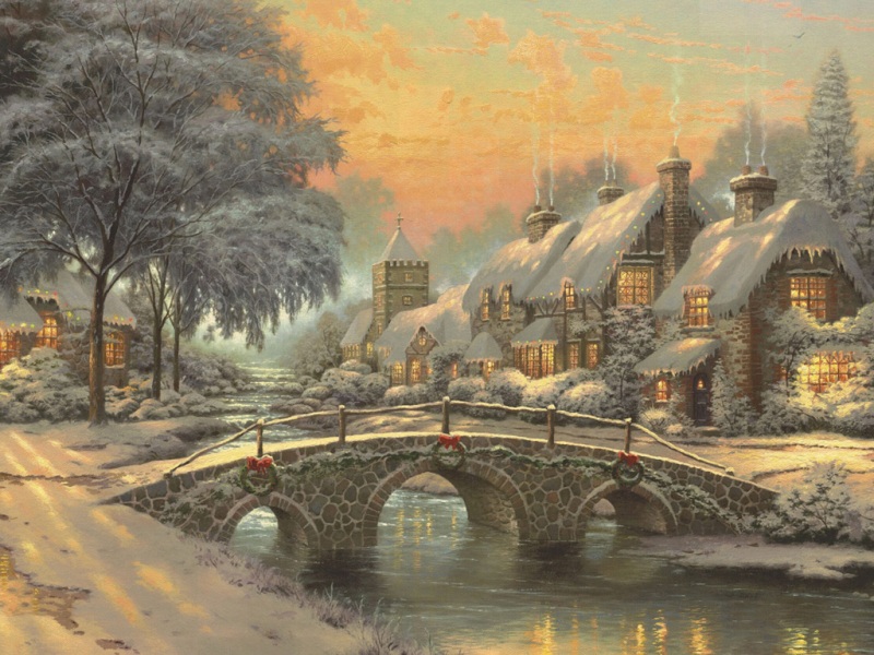 托马斯·金凯德圣诞绘画壁纸 暖调雪景小屋治愈感拉满