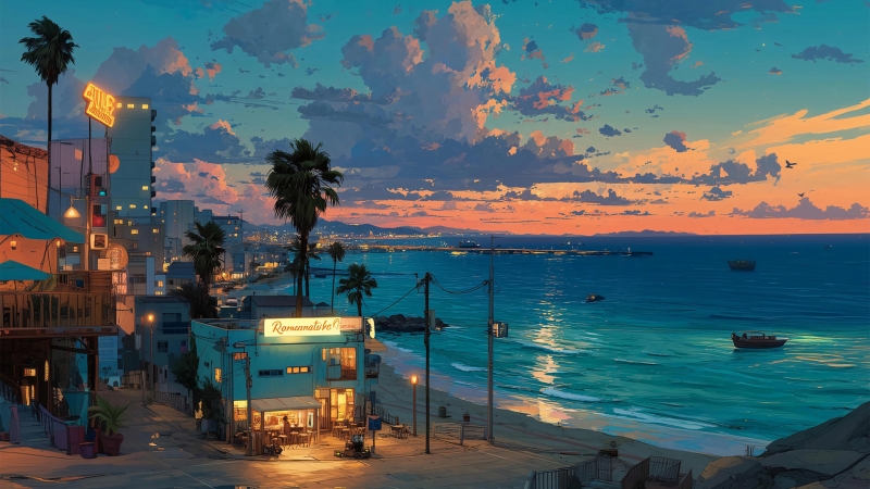 深夜海滨小城的云景壁纸 适配多尺寸电脑桌面