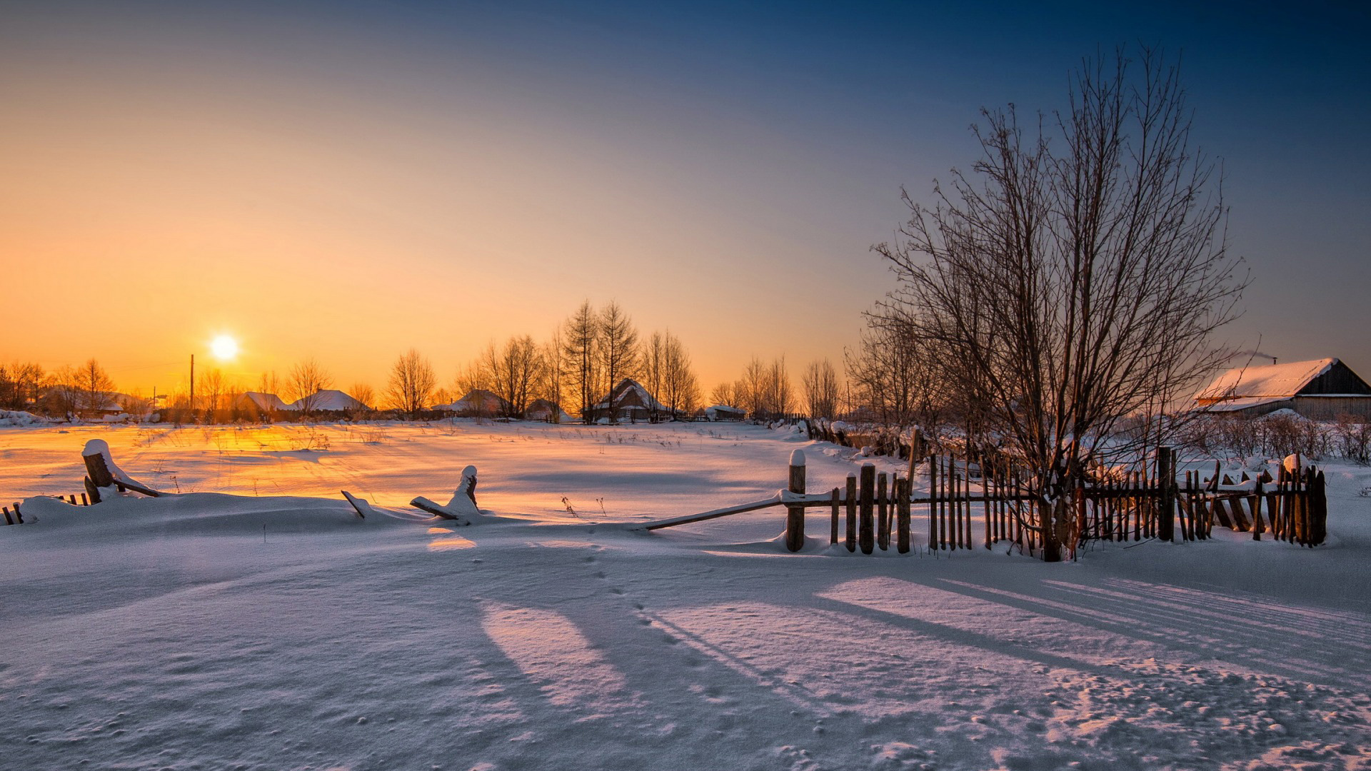 冬日日落乡村雪景 适配多尺寸电脑桌面壁纸