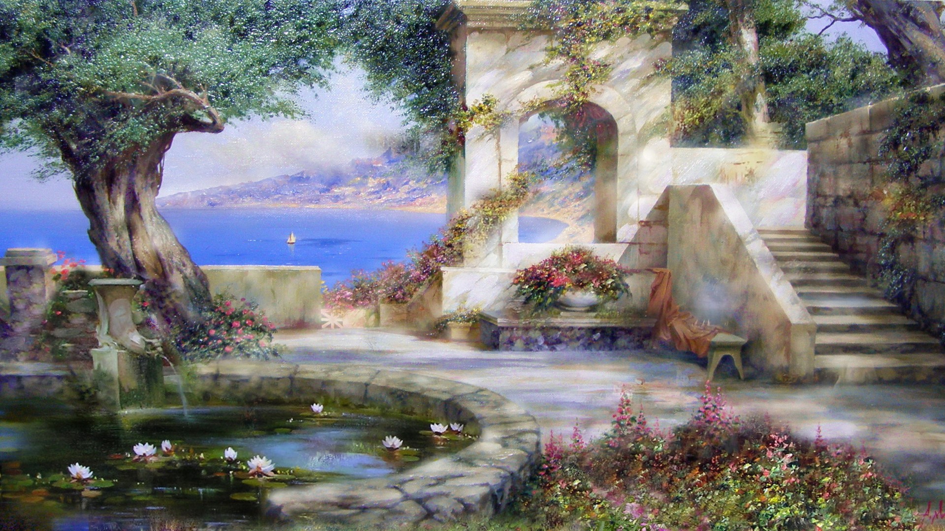 亚历山大·米留可夫的海边树荫风景壁纸 多款分辨率可选