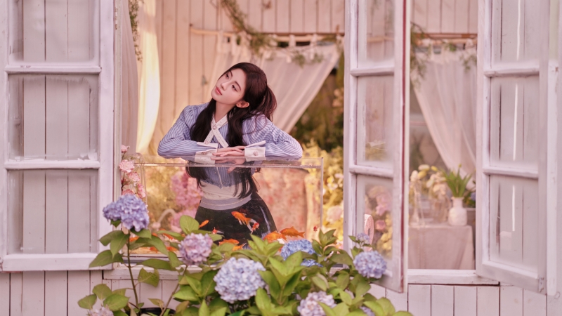 窗旁鲜花配鞠婧祎的高清电脑壁纸来啦