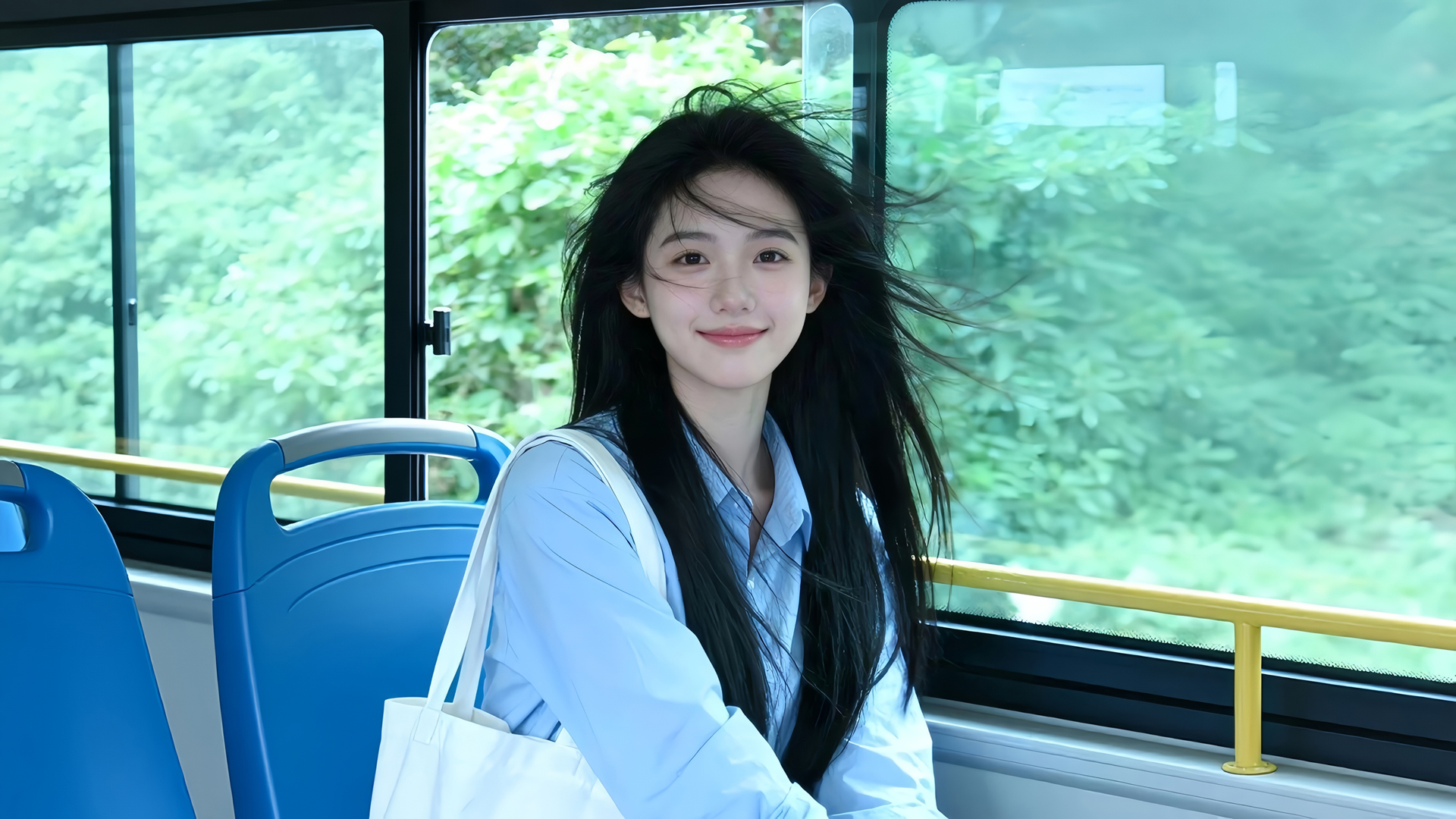 公交车场景清新可爱美女电脑壁纸推荐