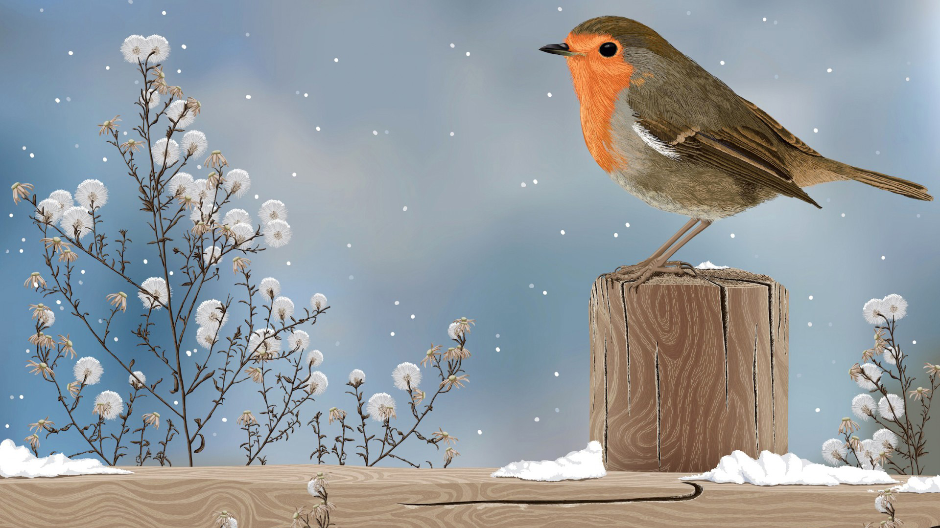 这款带鸟和雪花的手绘壁纸太治愈了