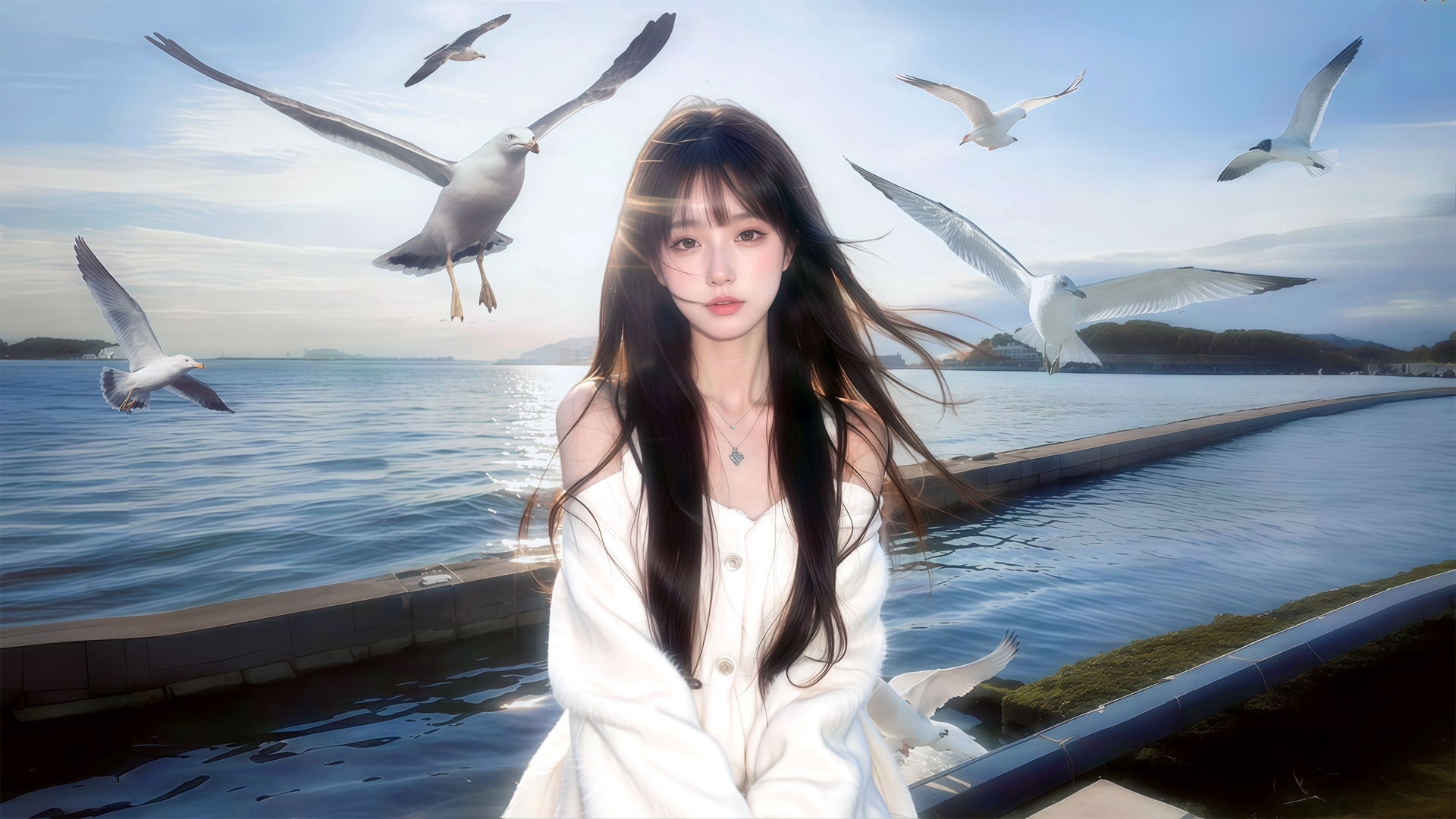 蓝天白云配海鸥！长发白衣美女唯美电脑壁纸推荐