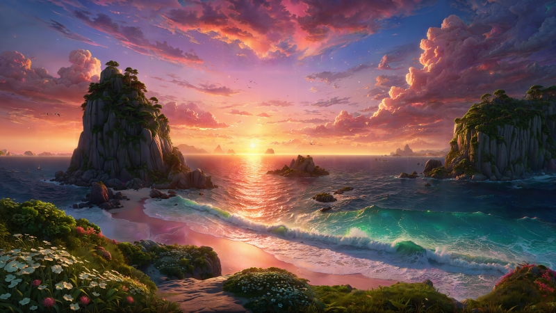 海边日落鲜花海浪 这套电脑壁纸氛围感拉满