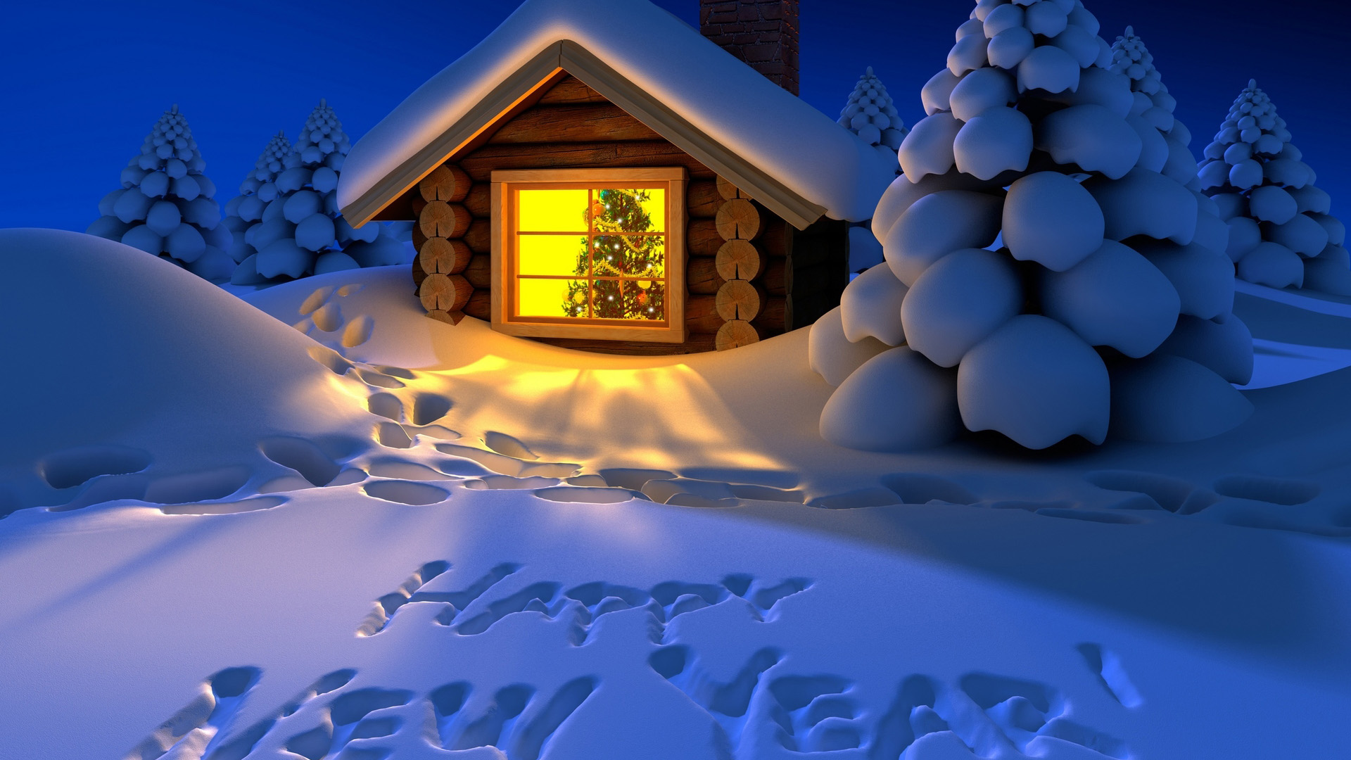 雪中小屋圣诞树灯光新年电脑动漫壁纸来啦