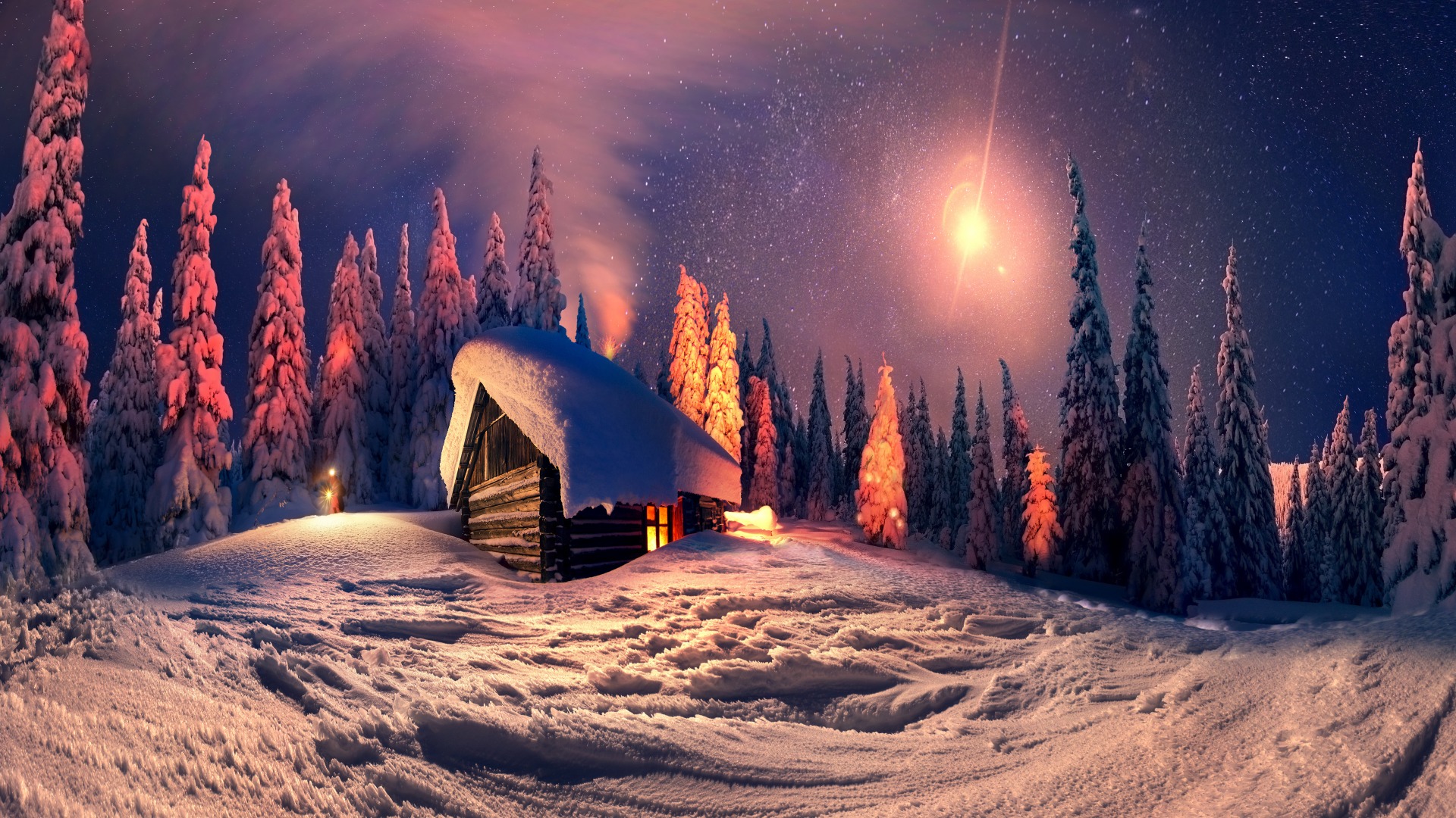 圣诞夜冬日雪夜小屋风景电脑动漫壁纸