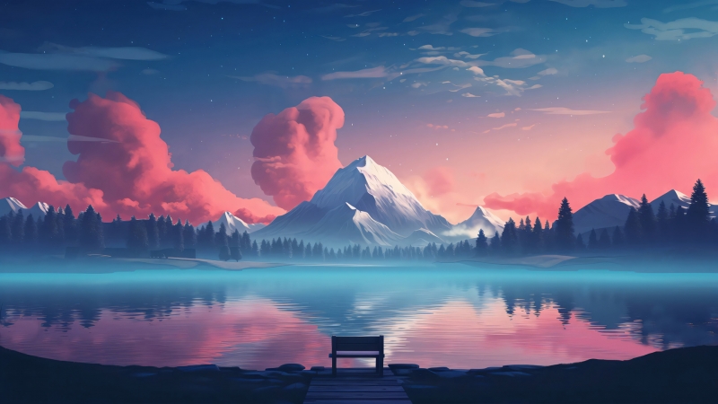 这款山湖水星空的动漫壁纸太适合当电脑桌面了