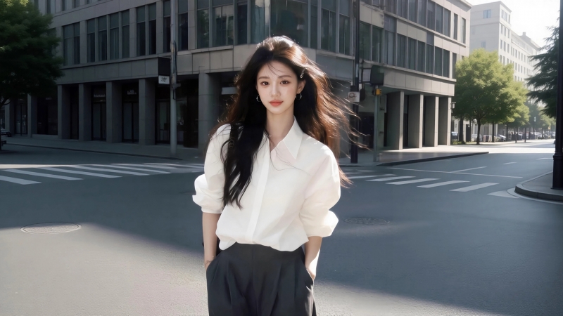 城市街道白衬衫长发美女电脑壁纸 高清款来了
