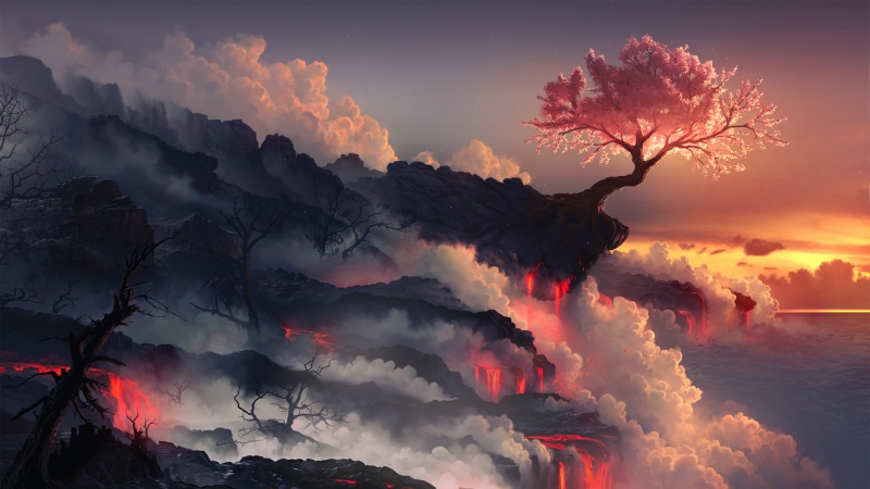 带火山和树木的唯美天空风景电脑壁纸