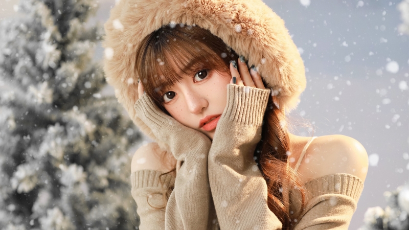 圣诞氛围感拉满！可爱美女带帽毛衣雪花高清电脑壁纸