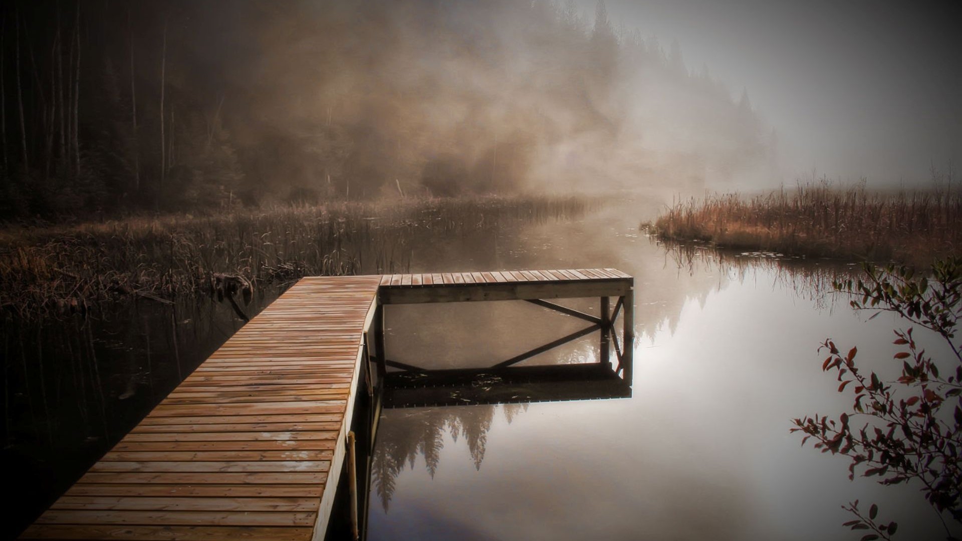 秋日森林河畔码头静谧风景壁纸