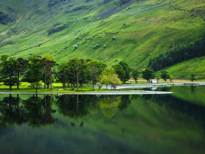 绿色山水湖景壁纸推荐！山、树、小屋搭配清新绿意的自然电脑桌面图