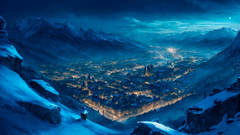 雪夜山谷里亮着灯的城市 适合当电脑桌面的动漫壁纸