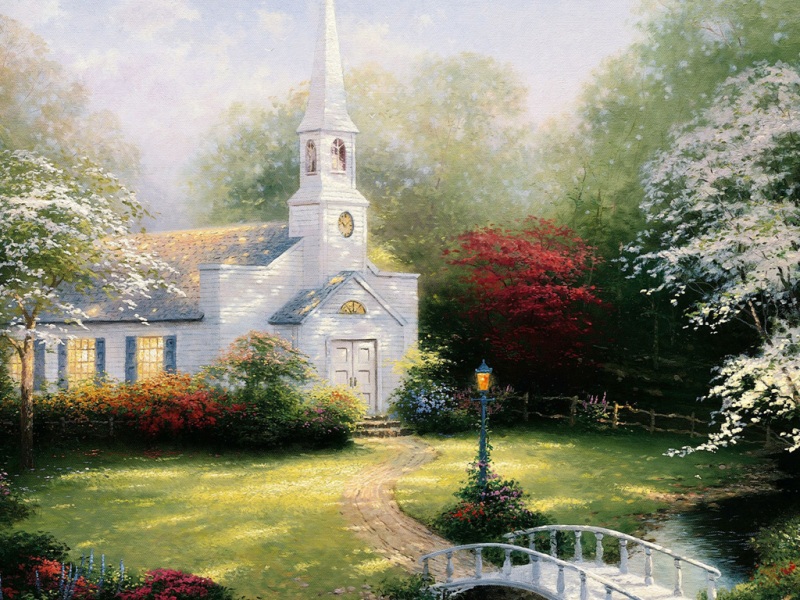 家乡教堂小桥野花成电脑壁纸啦