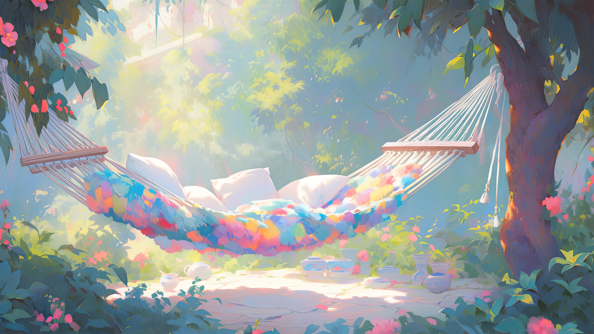 花园别墅小树林吊床 这套治愈风壁纸太戳人了