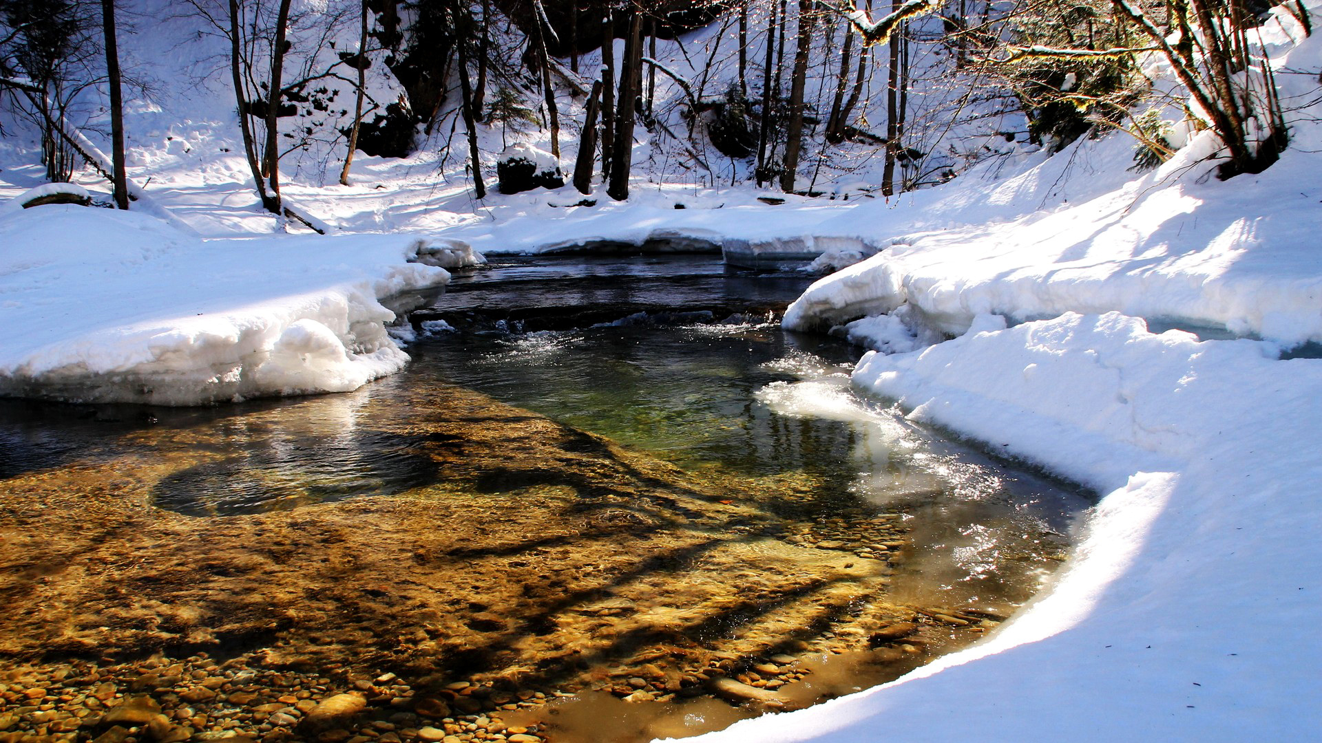 雪后春溪河流 治愈系自然风景电脑壁纸