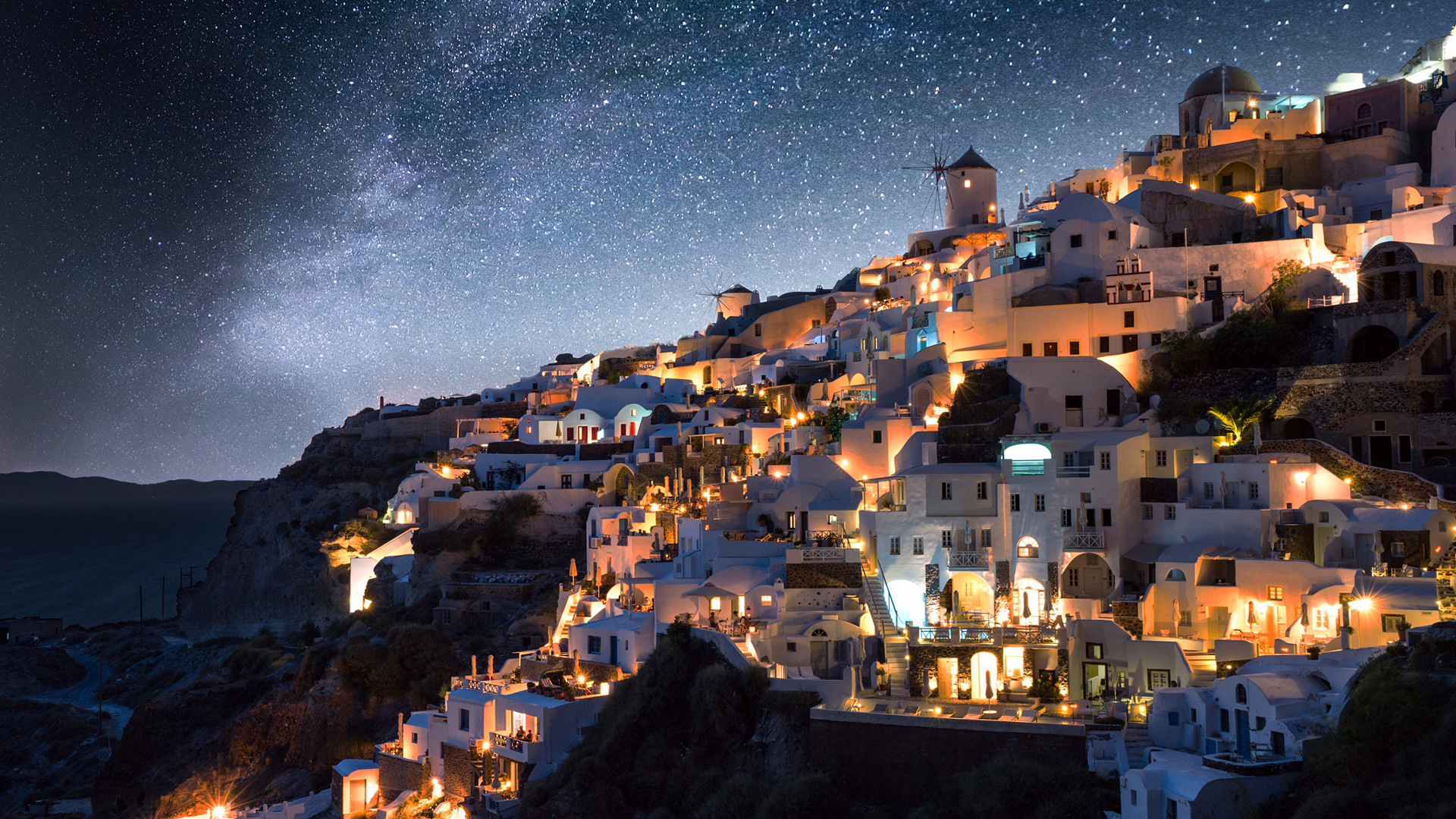 银河星光配希腊夜景！这款电脑壁纸氛围感拉满