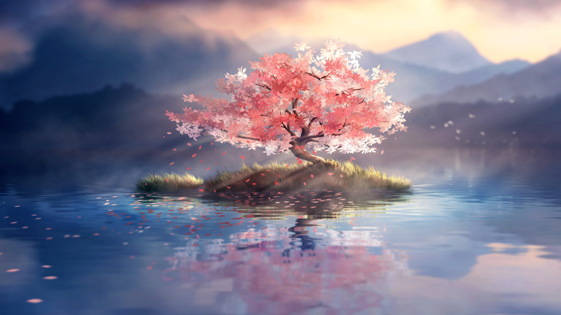 湖中央孤树映山景 这份唯美壁纸太治愈了