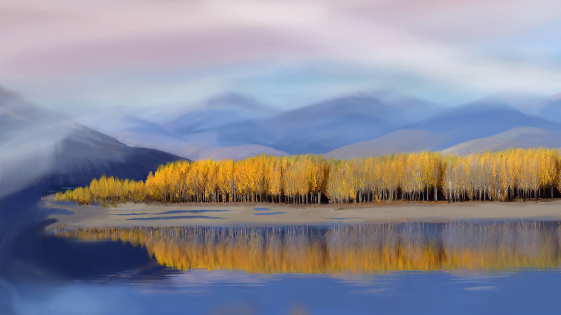 秋日手绘山水湖景电脑壁纸