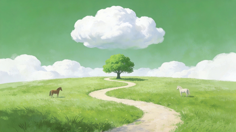 这款小清新动漫壁纸太治愈！绿天草地配马儿小路快存