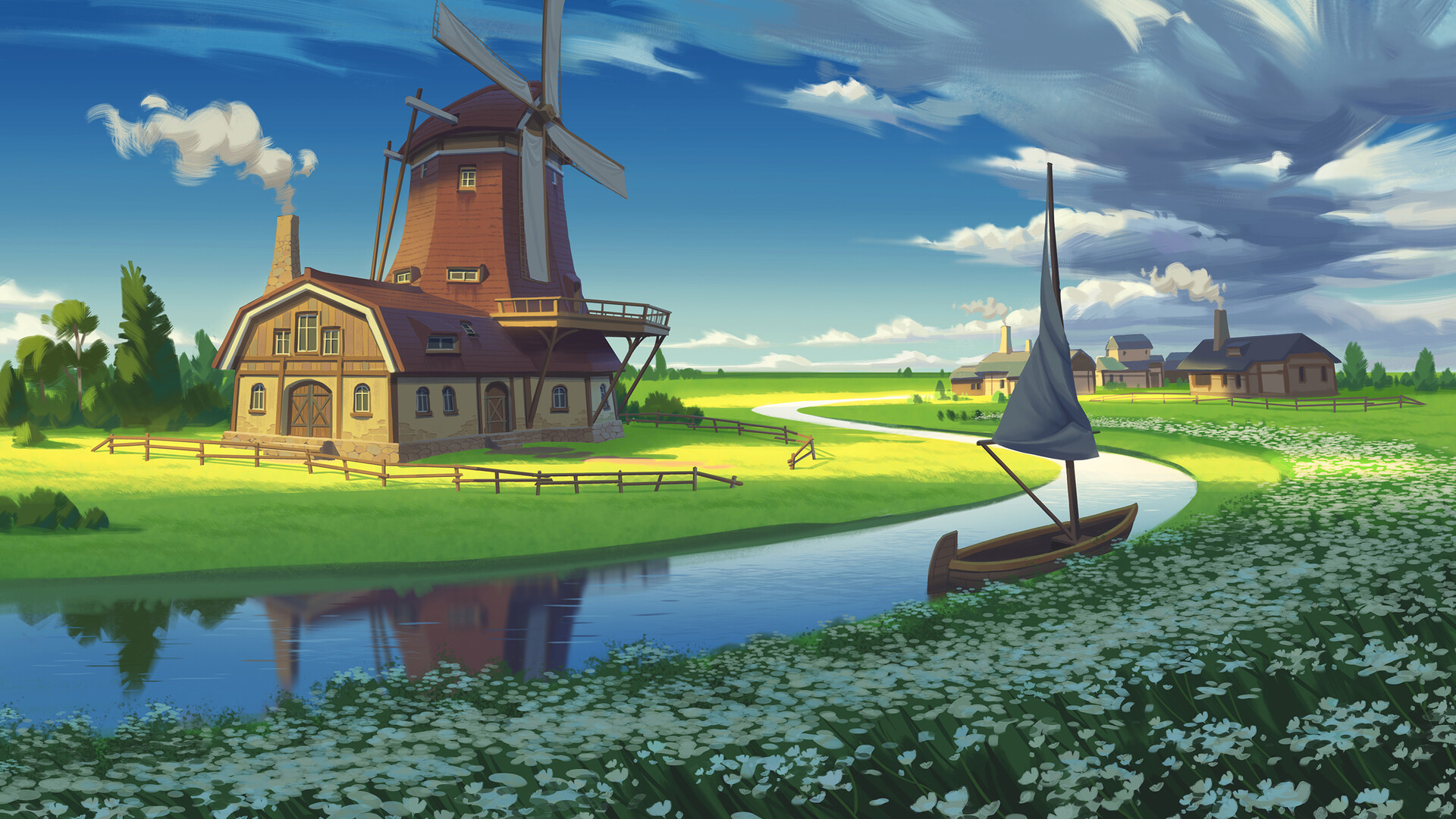 手绘风景电脑壁纸！带风车河流鲜花的治愈感桌面背景